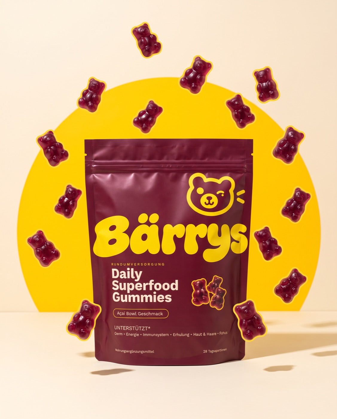 Bärrys Beutel mit Gummibären vor gelbem Kreis